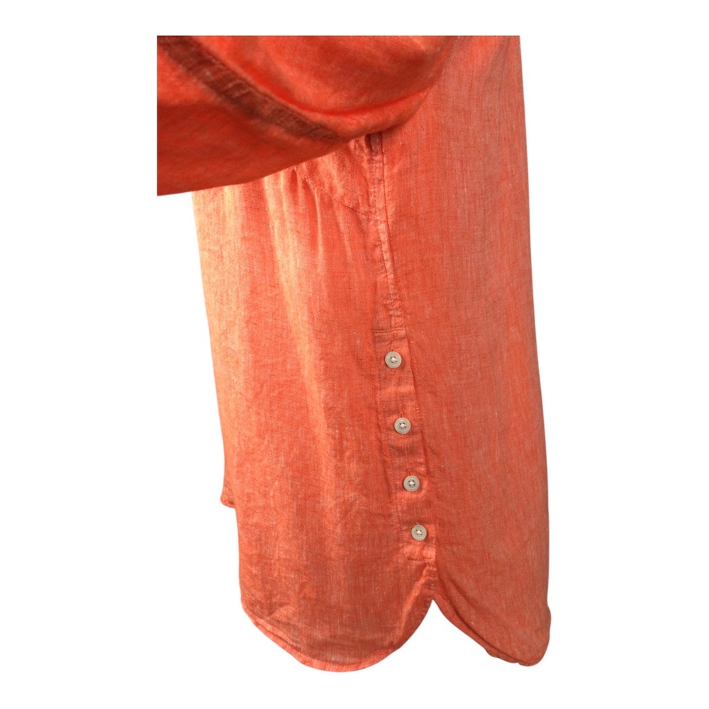 Talbots 100% Linen Tunic Blouse Orange Roll Tab Sleeve Sz MP Side Button Details - Picture 4 of 9